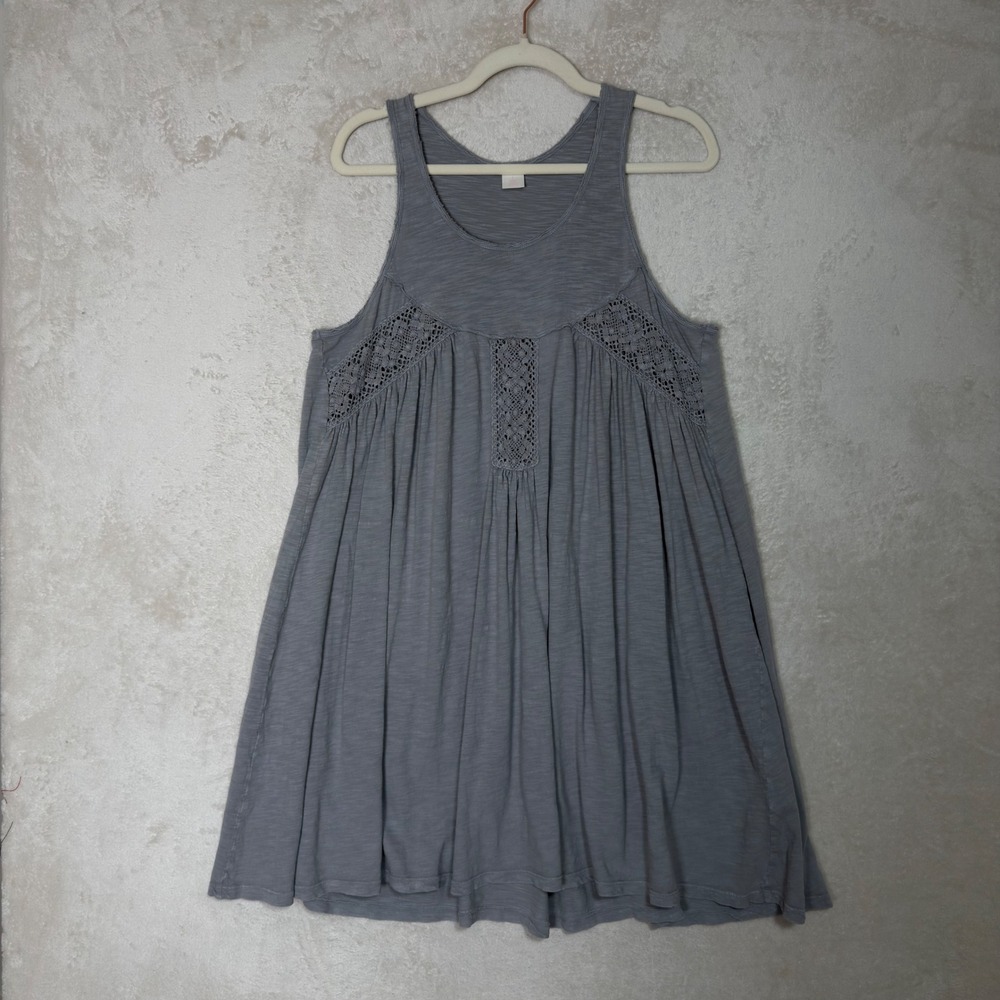 Boho Gray Crochet Trim Swing Tunic Tank Dress Sleeveless Babydoll Soft Large